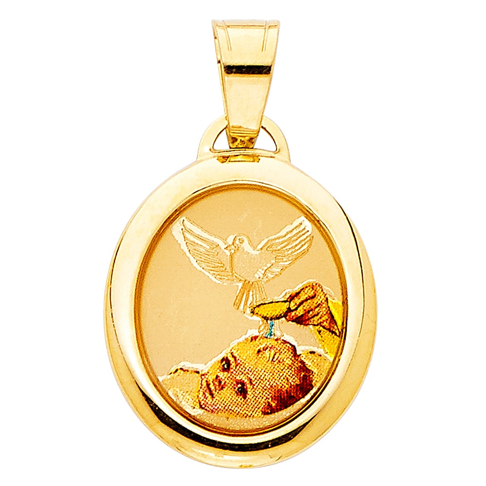 14KY BAPTISM PICTURE PENDANT: 14KY Baptism Picture Pendant Material Type : 14k Gold Material Color : Yellow Avg. Weight: 1.02 Gr. Size: Height 19 mm, Width 15 mm Accessories: None Notice: When purchasing pre-owned goods, please