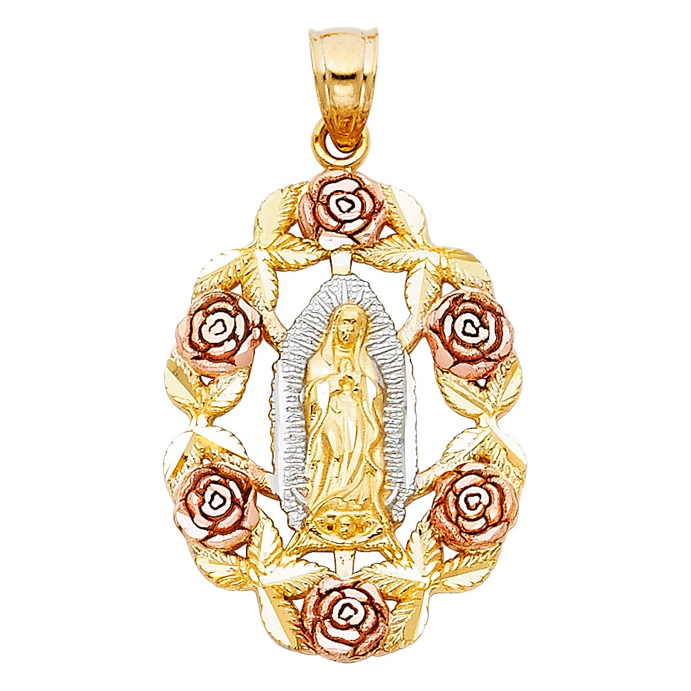 14K 3C RELIGIOUS PENDANT: 14K 3C Religious Pendant Material Type : 14k Gold Material Color : Tri Color Avg. Weight: 2.65 Gr. Size: Height 30 mm, Width 20 mm Accessories: None Notice: When purchasing pre-owned goods, please