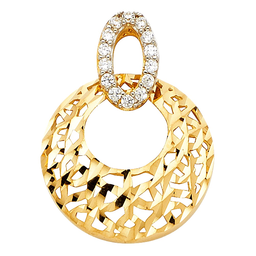 14K CZ PENDANT: 14K CZ Pendant Material Type : 14k Gold Material Color : Two Tone Avg. Weight: 1.27 Gr. Size: Height 21 mm, Width 16 mm Accessories: None Notice: When purchasing pre-owned goods, please refer to the