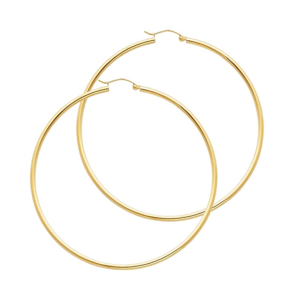 14KY ROUND TUBE POLISHED HOOP EARRINGS: 14KY Round Tube Polished Hoop Earrings Material Type : 14k Gold Material Color : Yellow Avg. Weight: 2.98 Gr. Size: Height : 55 mm, Width : 55 mm Accessories: None Notice: When purchasing pre-owned