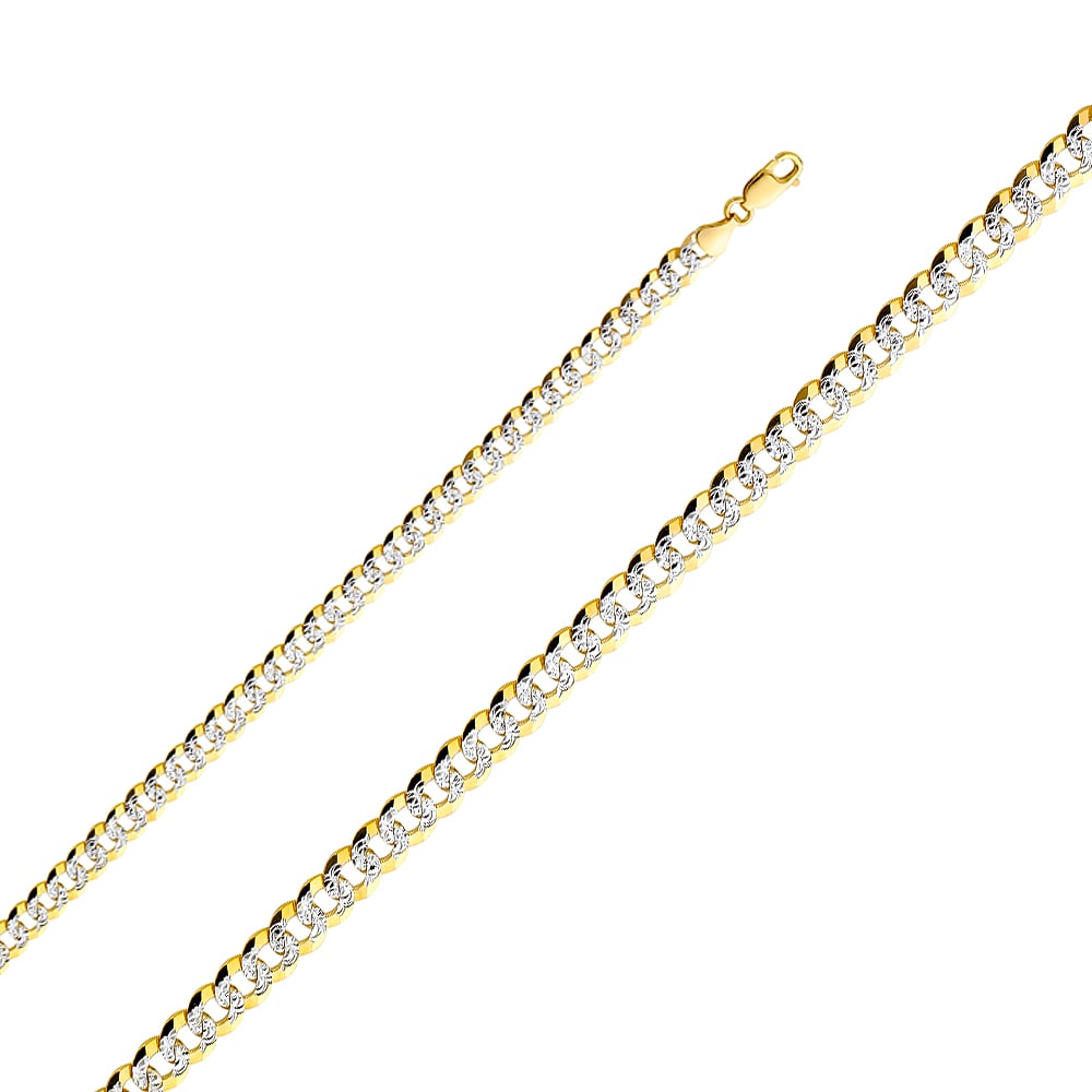 14KY CUBAN WP CHAIN: 14KY Cuban WP Chain Material Type : 14k Gold Material Color : Two Tone Avg. Weight: 12.14 Gr. Size: Length : 8.5 inch, Width 6.9mm Accessories: None Notice: When purchasing pre-owned goods, please