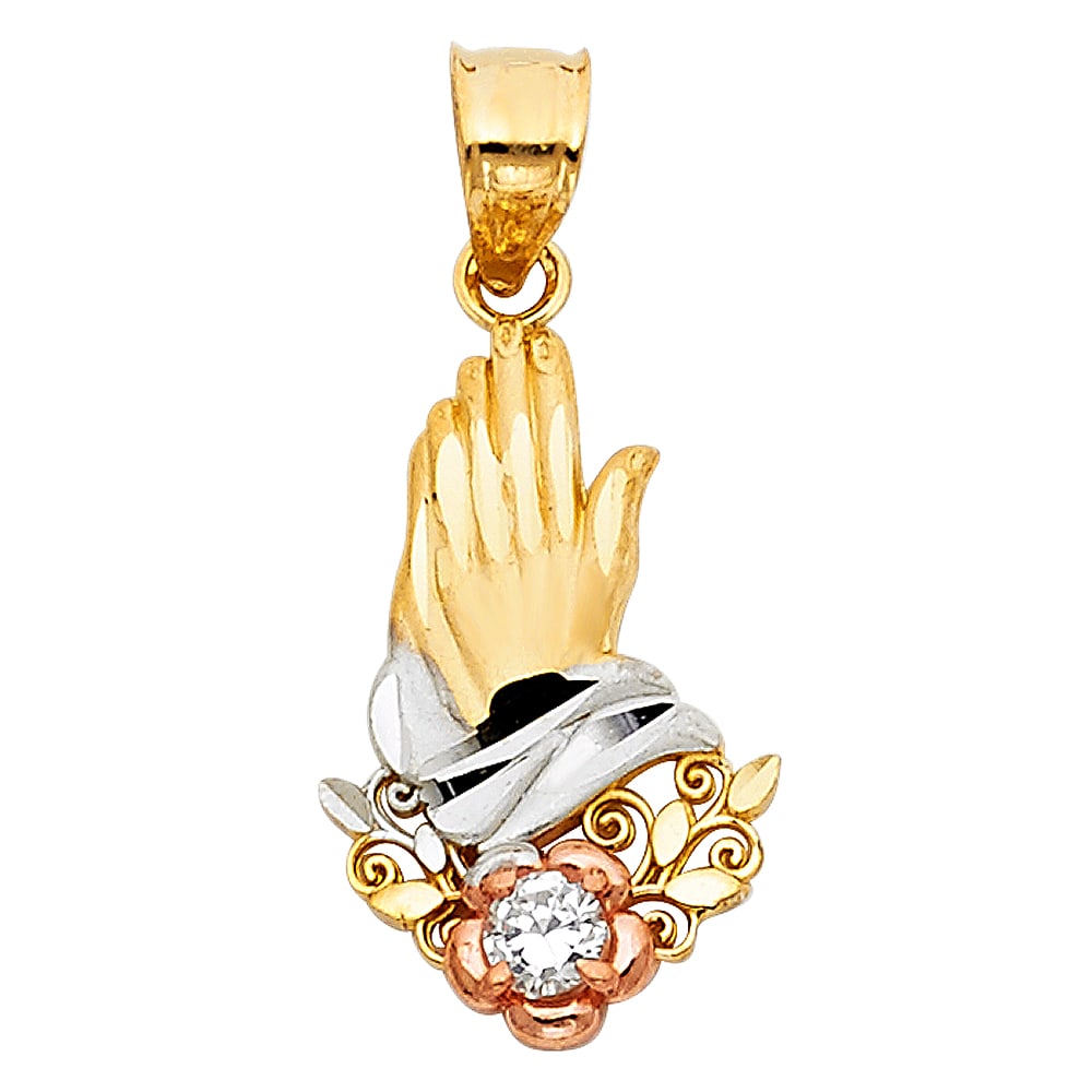 14K CZ PRAYING HANDS PENDANT: 14K CZ Praying Hands Pendant Material Type : 14k Gold Material Color : Tri Color Avg. Weight: 1.23 Gr. Size: Height 23 mm, Width 13 mm Accessories: None Notice: When purchasing pre-owned goods,