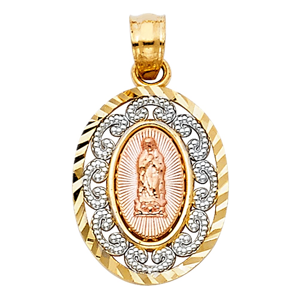 14K 3C RELIGIOUS PENDANT: 14K 3C Religious Pendant Material Type : 14k Gold Material Color : Tri Color Avg. Weight: 1.22 Gr. Size: Height 15 mm, Width 12 mm Accessories: None Notice: When purchasing pre-owned goods, please