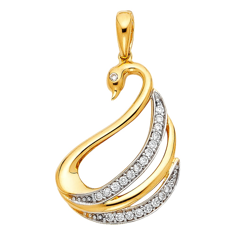 14K 2T CZ SWAN PENDANT: 14K 2T CZ Swan Pendant Material Type : 14k Gold Material Color : Two Tone Avg. Weight: 2.07 Gr. Size: Height 24 mm, Width 18 mm Accessories: None Notice: When purchasing pre-owned goods, please refer
