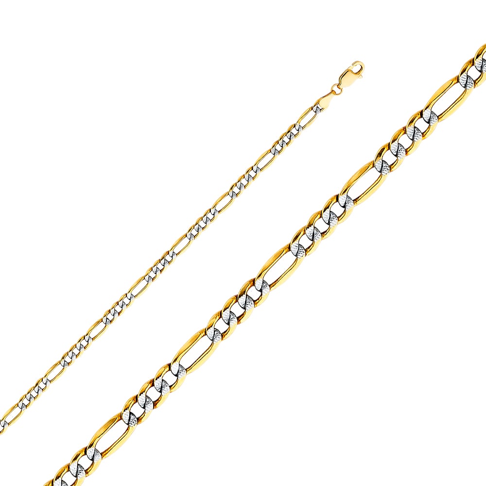 14KY HOLLOW FIGARO WP CHAIN: 14KY Hollow Figaro WP Chain Material Type : 14k Gold Material Color : Two Tone Avg. Weight: 3.05 Gr. Size: Length : 7.5 inch, Width 4.4mm Accessories: None Notice: When purchasing pre-owned goods,