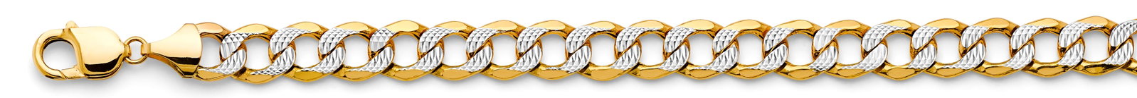 14K 2T HOLLOW BEVELLED CURB WP CHAIN: 14K 2T Hollow Bevelled Curb WP Chain Material Type : 14k Gold Material Color : Two tone Avg. Weight: 55.52 Gr. Size: Length : 24 inch, Width 10.8mm Accessories: None Notice: When purchasing pre-owned