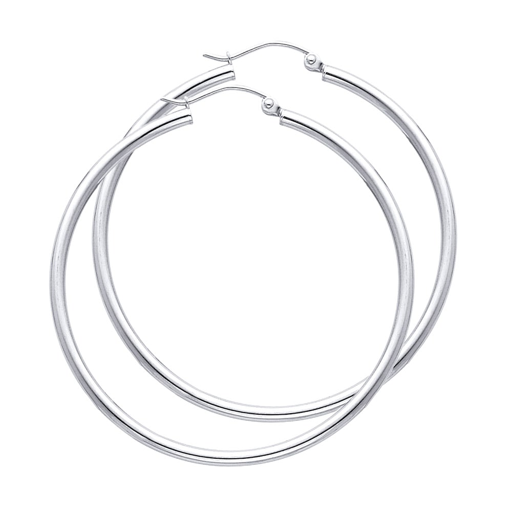 14KW ROUND TUBE POLISHED HOOP EARRINGS: 14KW Round Tube Polished Hoop Earrings Material Type : 14k Gold Material Color : White Avg. Weight: 2.35 Gr. Size: Height : 45 mm, Width : 45 mm Accessories: None Notice: When purchasing pre-owned