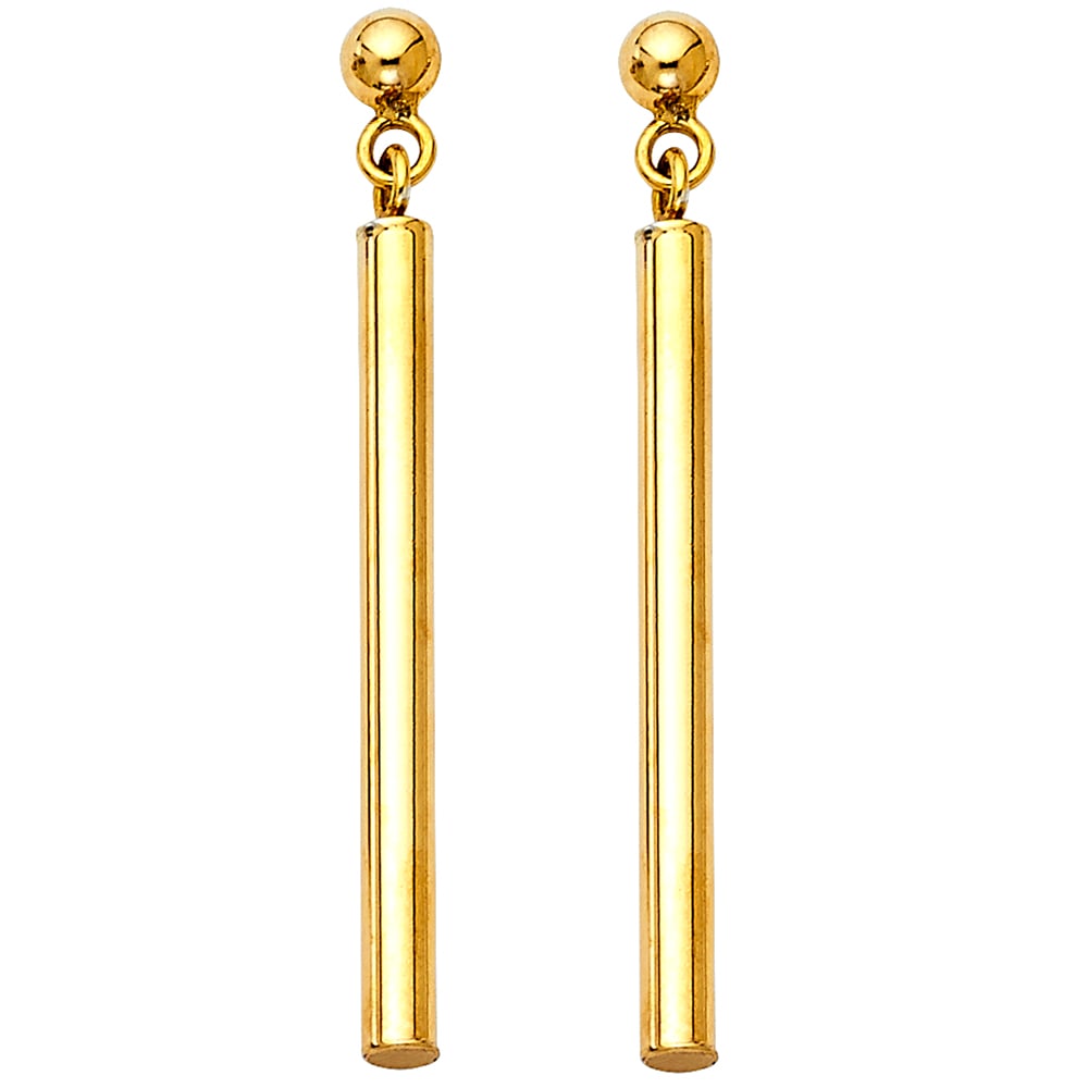14KY ROUND BAR HANGING EARRINGS: 14KY Round Bar Hanging Earrings Material Type : 14k Gold Material Color : Yellow Avg. Weight: 1.52 Gr. Size: Height : 40 mm, Width : 2.5 mm Accessories: None Notice: When purchasing pre-owned goods