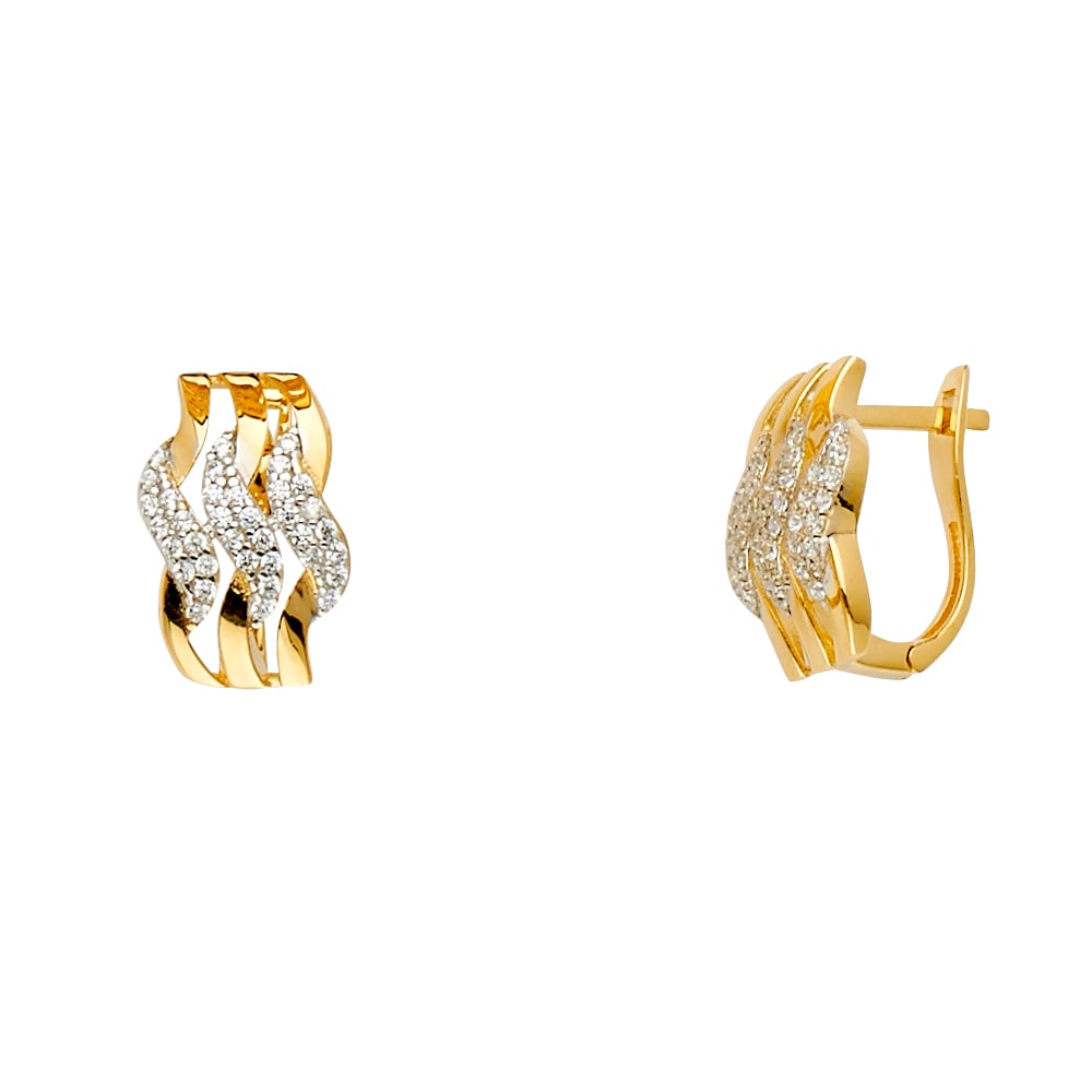 14K 2T FANCY CZ EARRINGS: 14K 2T Fancy CZ Earrings Material Type : 14k Gold Material Color : Two Tone Avg. Weight: 2.92 Gr. Size: Height : 16 mm, Width : 7 mm Accessories: None Notice: When purchasing pre-owned goods, pleas