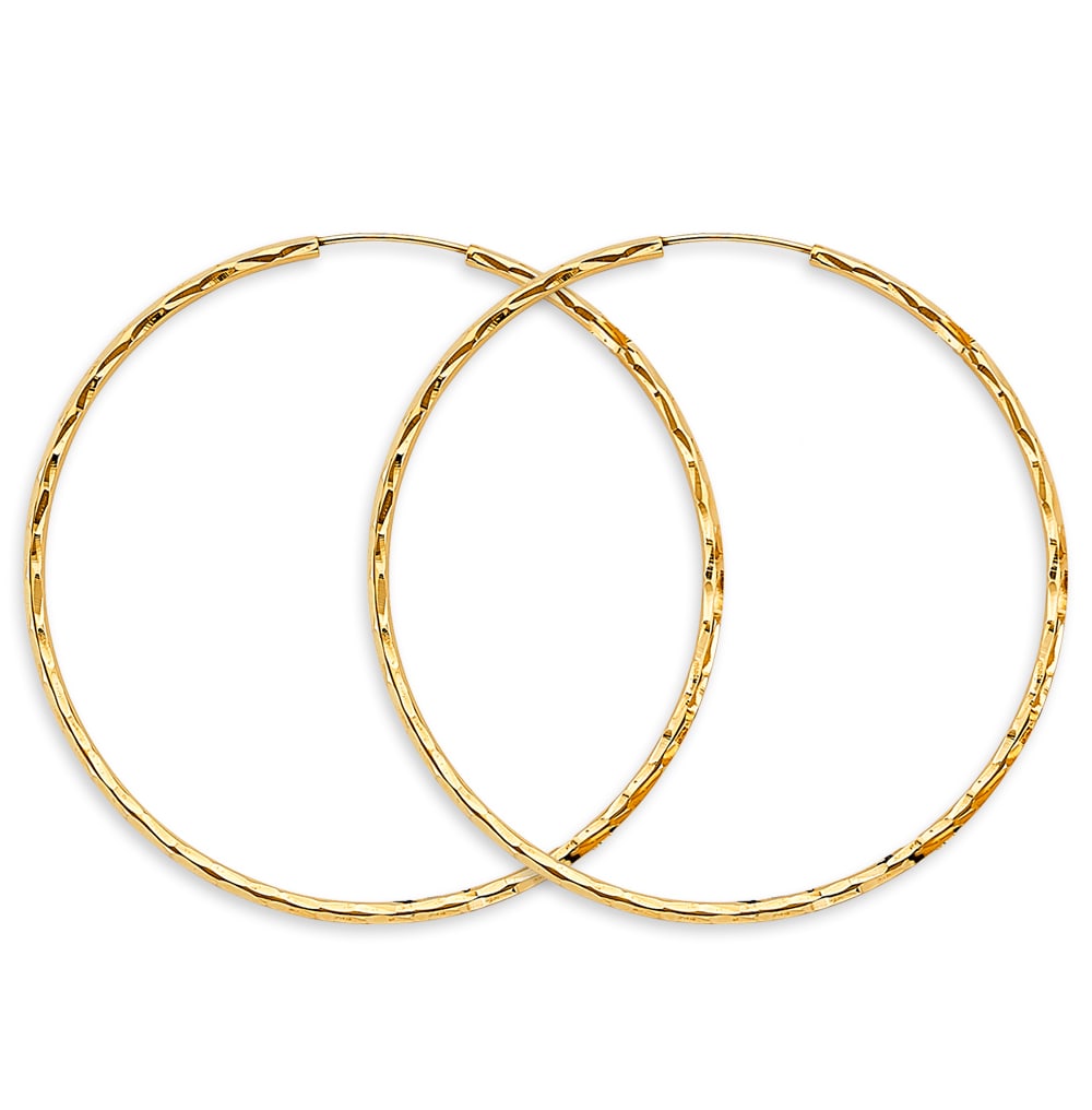 14KY SHINY DC ENDLESS HOOP EARRINGS: 14KY Shiny DC Endless Hoop Earrings Material Type : 14k Gold Material Color : Yellow Avg. Weight: 3.23 Gr. Size: Height : 55 mm, Width : 55 mm Accessories: None Notice: When purchasing pre-owned