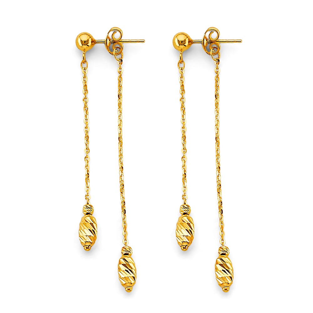 14KY HANGING DOUBLE CHAIN WITH BALL EARRINGS: 14KY Hanging Double Chain with Ball Earrings Material Type : 14k Gold Material Color : Yellow Avg. Weight: 2.08 Gr. Size: Height : 55 mm, Width : 3 mm Accessories: None Notice: When purchasing pre-