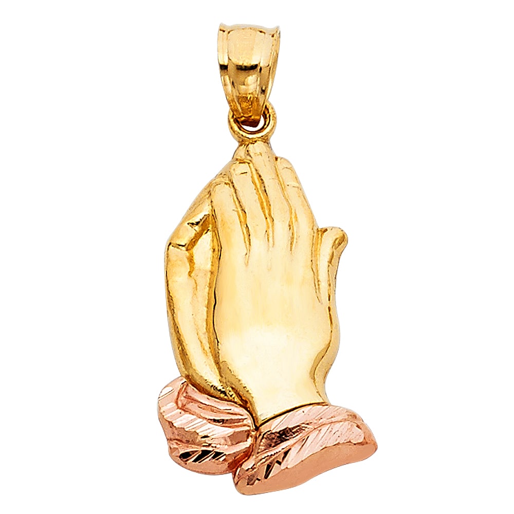 14K 2T BIG PRAYING HANDS PENDANT: 14K 2T Big Praying Hands Pendant Material Type : 14k Gold Material Color : Two Tone Avg. Weight: 1.73 Gr. Size: Height 20 mm, Width 13 mm Accessories: None Notice: When purchasing pre-owned goods,
