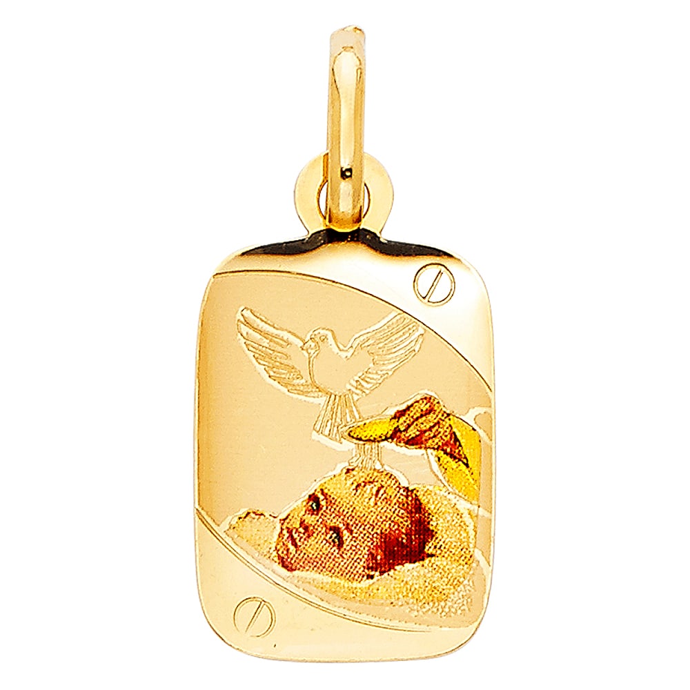 14KY BAPTISM PICTURE PENDANT: 14KY Baptism Picture Pendant Material Type : 14k Gold Material Color : Yellow Avg. Weight: 0.88 Gr. Size: Height 20 mm, Width 12 mm Accessories: None Notice: When purchasing pre-owned goods, please