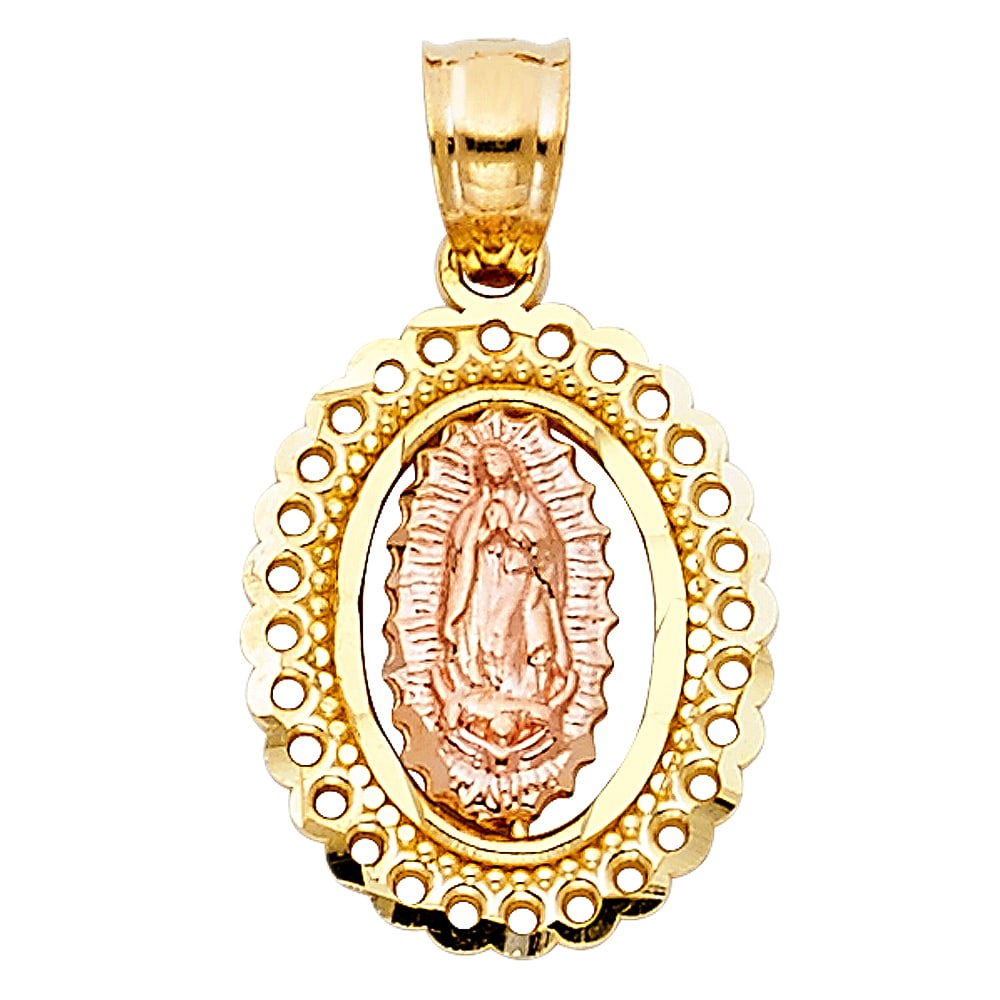 14K 2T RELIGIOUS PENDANT: 14K 2T Religious Pendant Material Type : 14k Gold Material Color : Two Tone Avg. Weight: 1.2 Gr. Size: Height 15 mm, Width 13 mm Accessories: None Notice: When purchasing pre-owned goods, please