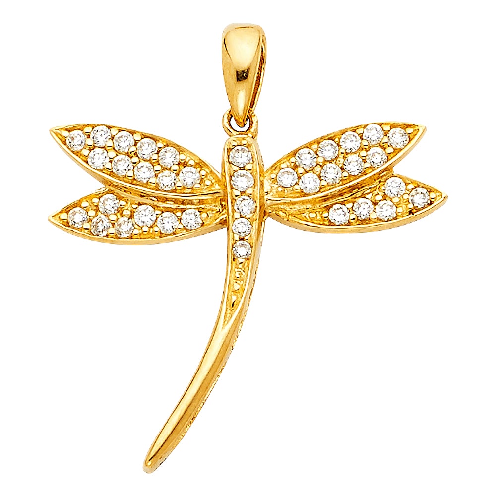 14KY CZ DRAGONFLY PENDANT: 14KY CZ Dragonfly Pendant Material Type : 14k Gold Material Color : Yellow Avg. Weight: 1.62 Gr. Size: Height 22 mm, Width 22 mm Accessories: None Notice: When purchasing pre-owned goods, please re