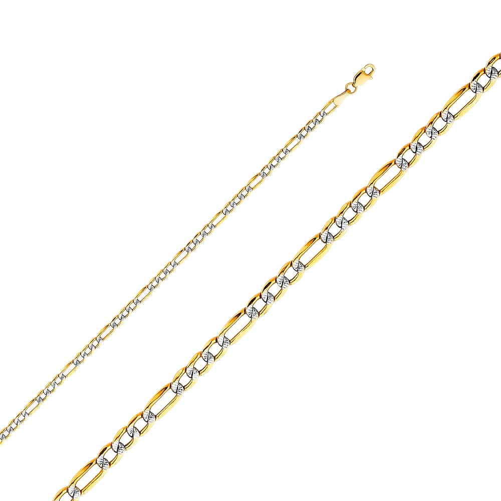 14KY HOLLOW FIGARO WP CHAIN: 14KY Hollow Figaro WP Chain Material Type : 14k Gold Material Color : Two Tone Avg. Weight: 1.8 Gr. Size: Length : 7 inch, Width 3.5mm Accessories: None Notice: When purchasing pre-owned goods, ple