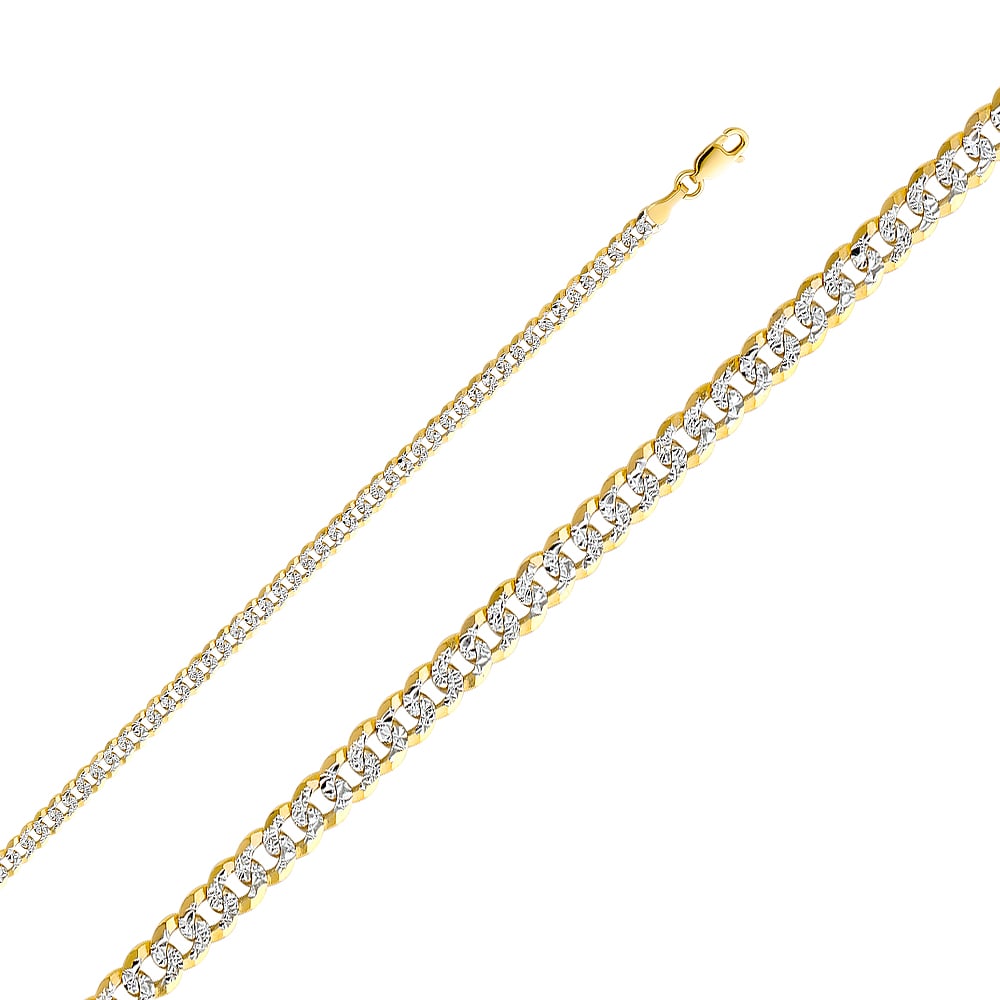 14KY CUBAN WP CHAIN: 14KY Cuban WP Chain Material Type : 14k Gold Material Color : Two Tone Avg. Weight: 4.55 Gr. Size: Length : 7.5 inch, Width 4mm Accessories: None Notice: When purchasing pre-owned goods, please ref