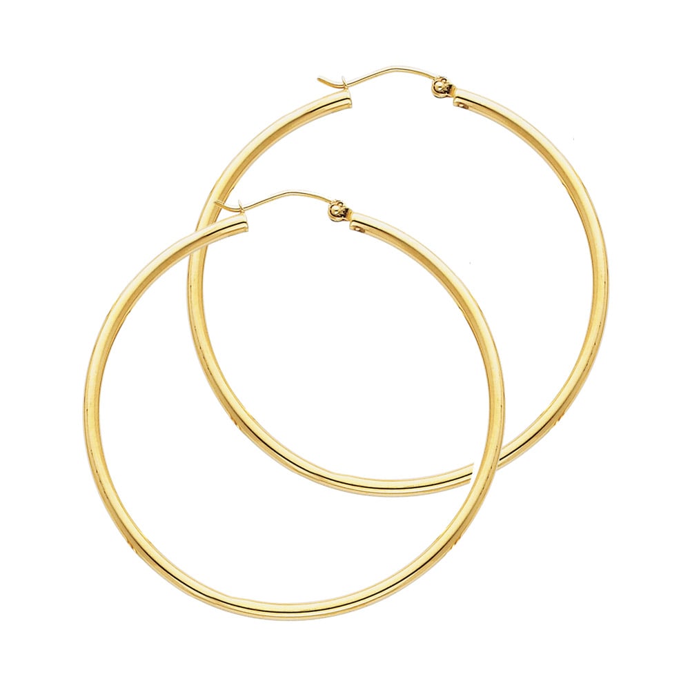 14KY ROUND TUBE POLISHED HOOP EARRINGS: 14KY Round Tube Polished Hoop Earrings Material Type : 14k Gold Material Color : Yellow Avg. Weight: 1.87 Gr. Size: Height : 35 mm, Width : 35 mm Accessories: None Notice: When purchasing pre-owned