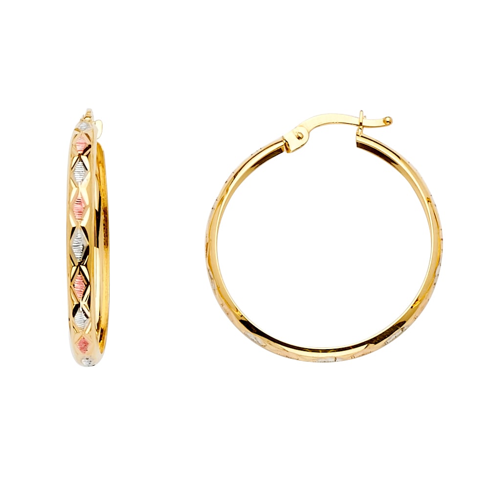 14K DC HOLLOW DOME HOOP EARRINGS: 14K DC Hollow Dome Hoop Earrings Material Type : 14k Gold Material Color : Two Tone Avg. Weight: 2.2 Gr. Size: Height : 26 mm, Width : 26 mm Accessories: None Notice: When purchasing pre-owned goods,
