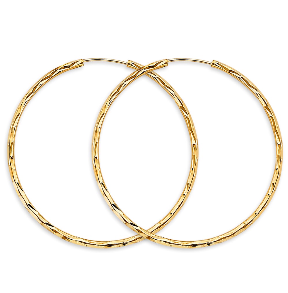 14KY SHINY DC ENDLESS HOOP EARRINGS: 14KY Shiny DC Endless Hoop Earrings Material Type : 14k Gold Material Color : Yellow Avg. Weight: 2.49 Gr. Size: Height : 45 mm, Width : 45 mm Accessories: None Notice: When purchasing pre-owned