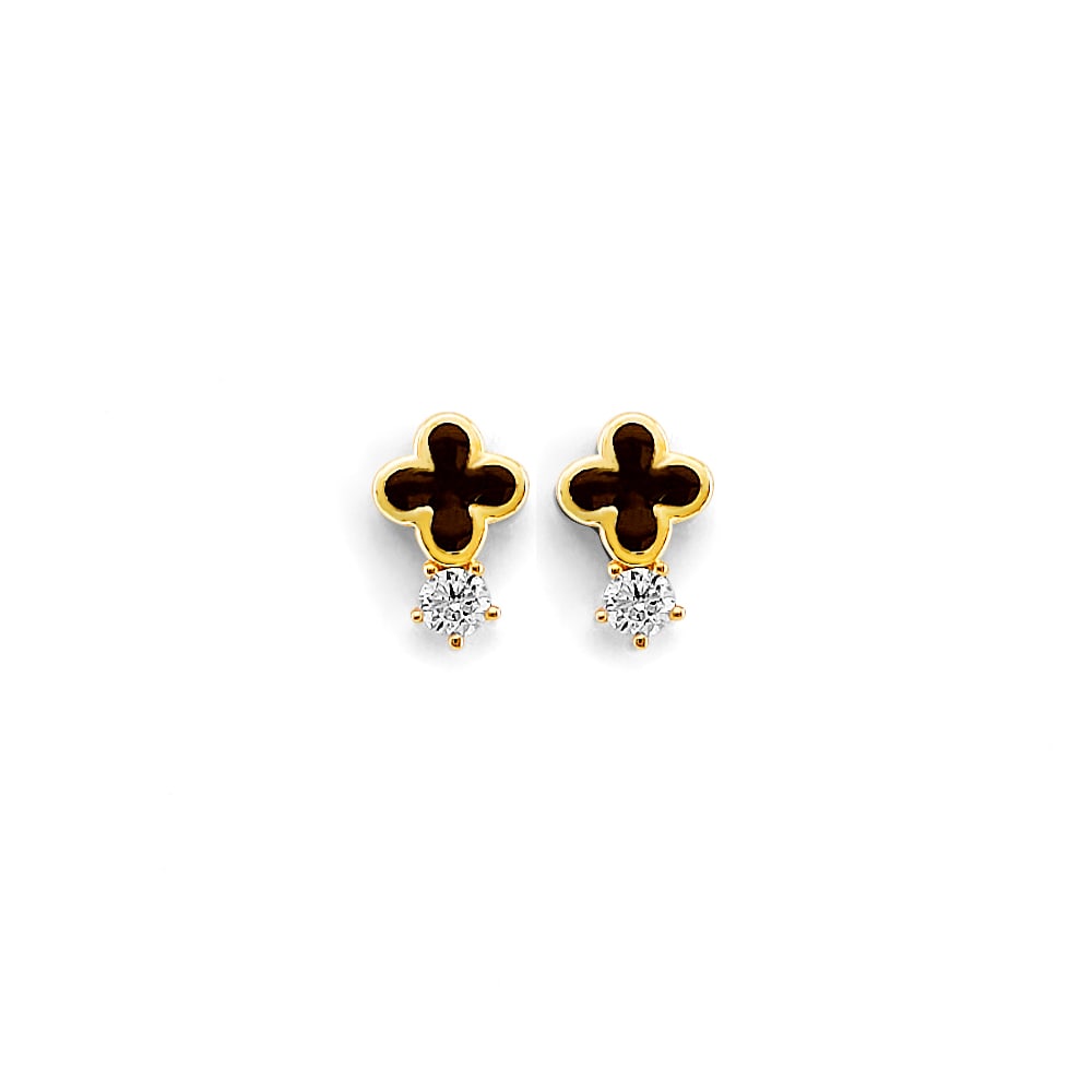 14KY CZ SMALL CLOVER PUSH BACK EARRINGS: 14KY CZ Small Clover Push Back Earrings Material Type : 14k Gold Material Color : Yellow Avg. Weight: 1.05 Gr. Size: Height : 7 mm, Width : 5 mm Accessories: None Notice: When purchasing pre-owned