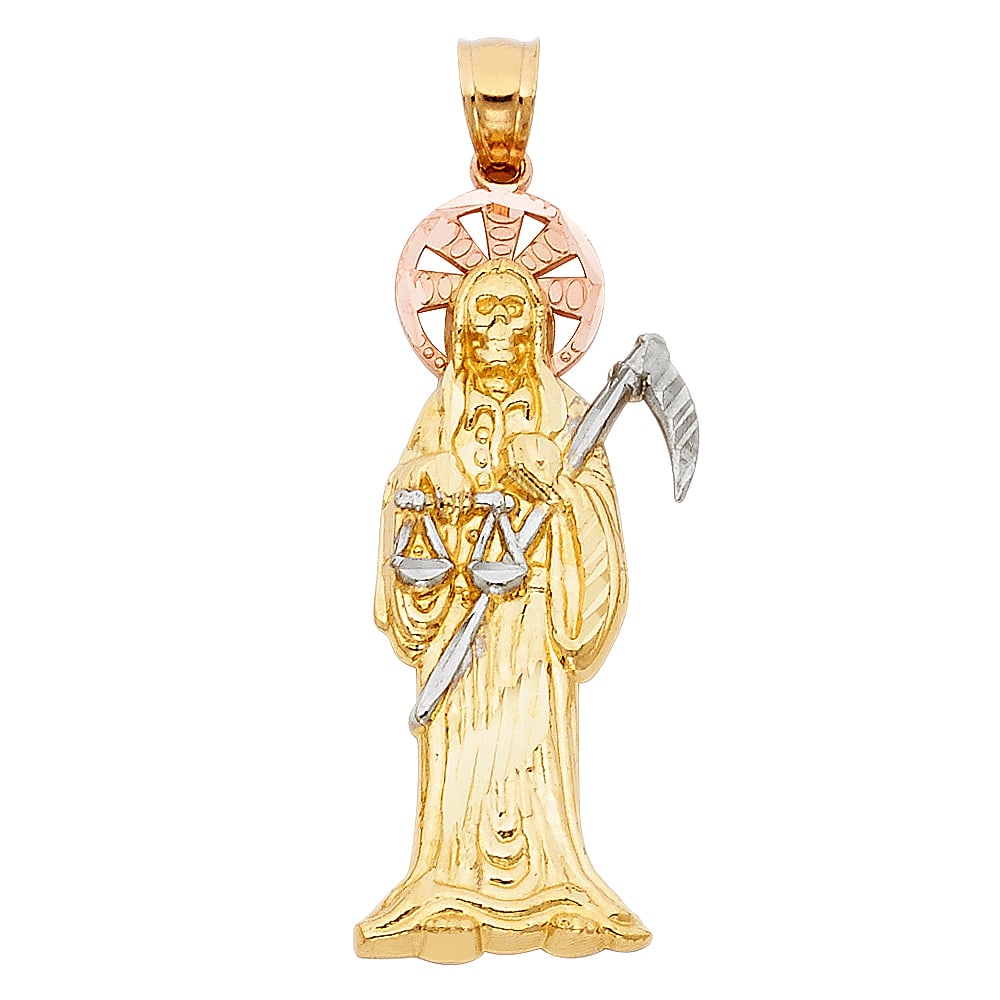 14KSANTA MUERTE PENDANT: 14KSanta Muerte Pendant Material Type : 14k Gold Material Color : Tri Color Avg. Weight: 2.77 Gr. Size: Height 45 mm, Width 15 mm Accessories: None Notice: When purchasing pre-owned goods, please