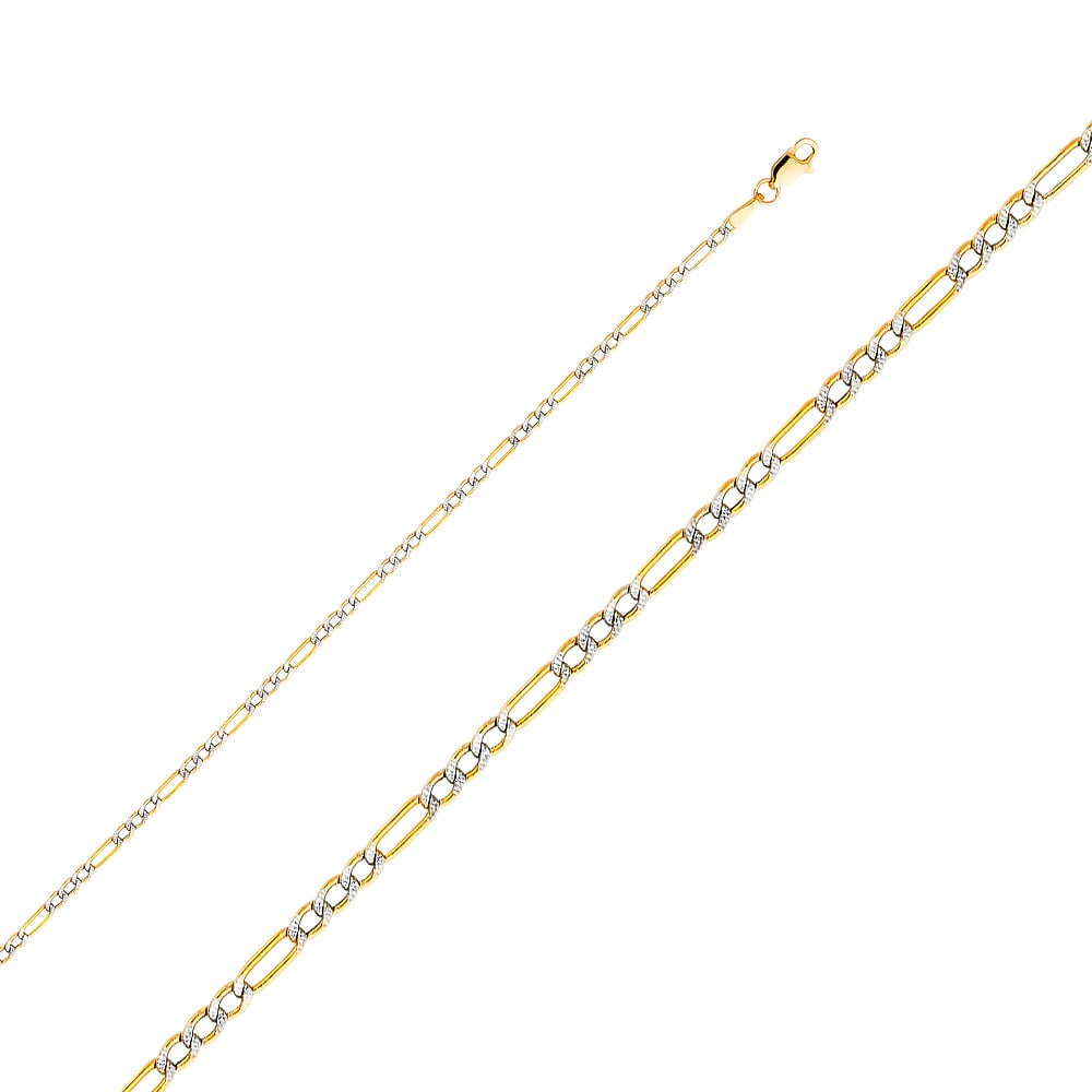 14KY HOLLOW FIGARO WP CHAIN: 14KY Hollow Figaro WP Chain Material Type : 14k Gold Material Color : Two Tone Avg. Weight: 2.21 Gr. Size: Length : 16 inch, Width 2.5mm Accessories: None Notice: When purchasing pre-owned goods, p