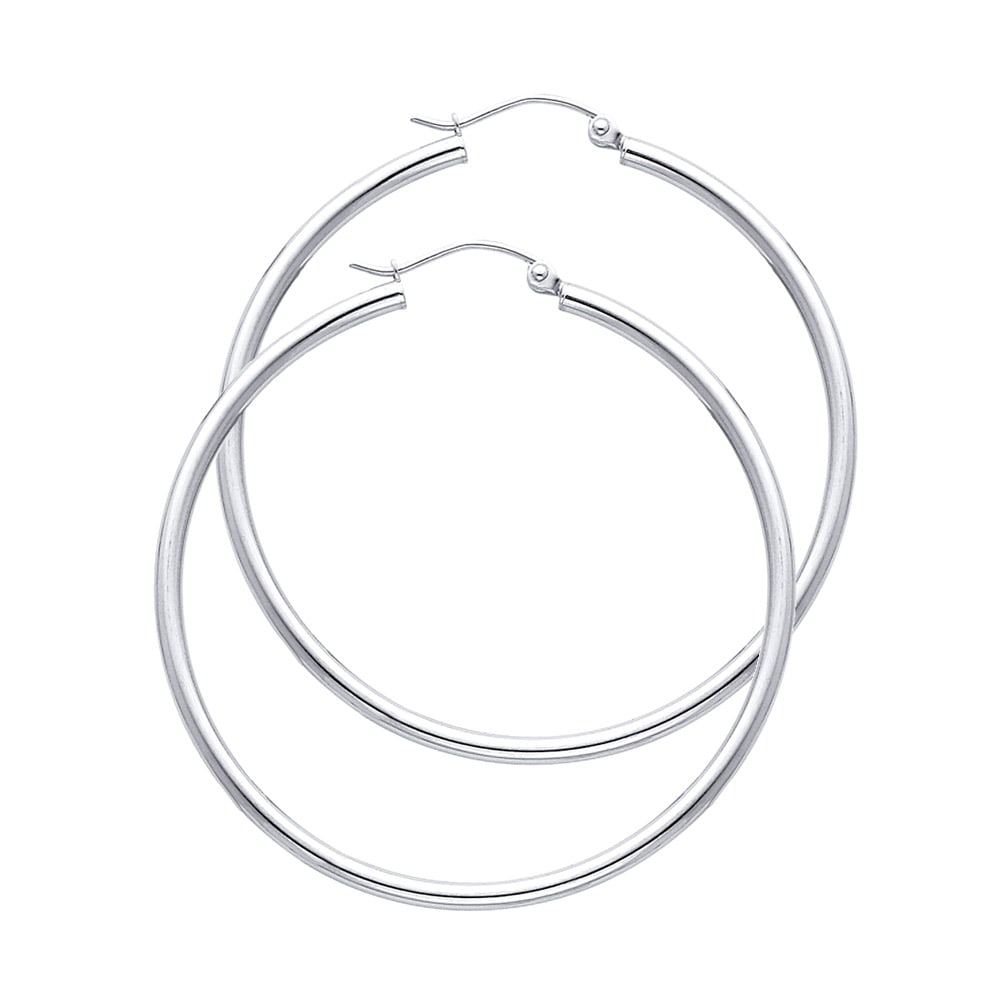 14KW ROUND TUBE POLISHED HOOP EARRINGS: 14KW Round Tube Polished Hoop Earrings Material Type : 14k Gold Material Color : White Avg. Weight: 1.8 Gr. Size: Height : 35 mm, Width : 35 mm Accessories: None Notice: When purchasing pre-owned