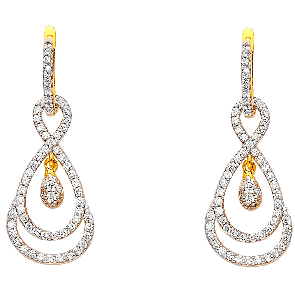14K 2T CZ INFINITY HANGING EARRINGS: 14K 2T CZ Infinity Hanging Earrings Material Type : 14k Gold Material Color : Two Tone Avg. Weight: 3.76 Gr. Size: Height : 33 mm, Width : 13 mm Accessories: None Notice: When purchasing pre-owned