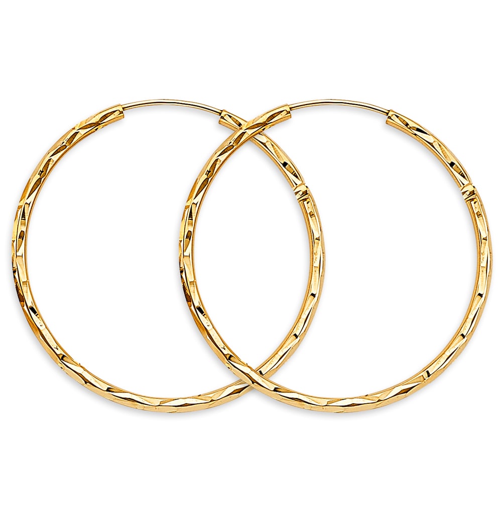 14KY SHINY DC ENDLESS HOOP EARRINGS: 14KY Shiny DC Endless Hoop Earrings Material Type : 14k Gold Material Color : Yellow Avg. Weight: 1.95 Gr. Size: Height : 35 mm, Width : 35 mm Accessories: None Notice: When purchasing pre-owned