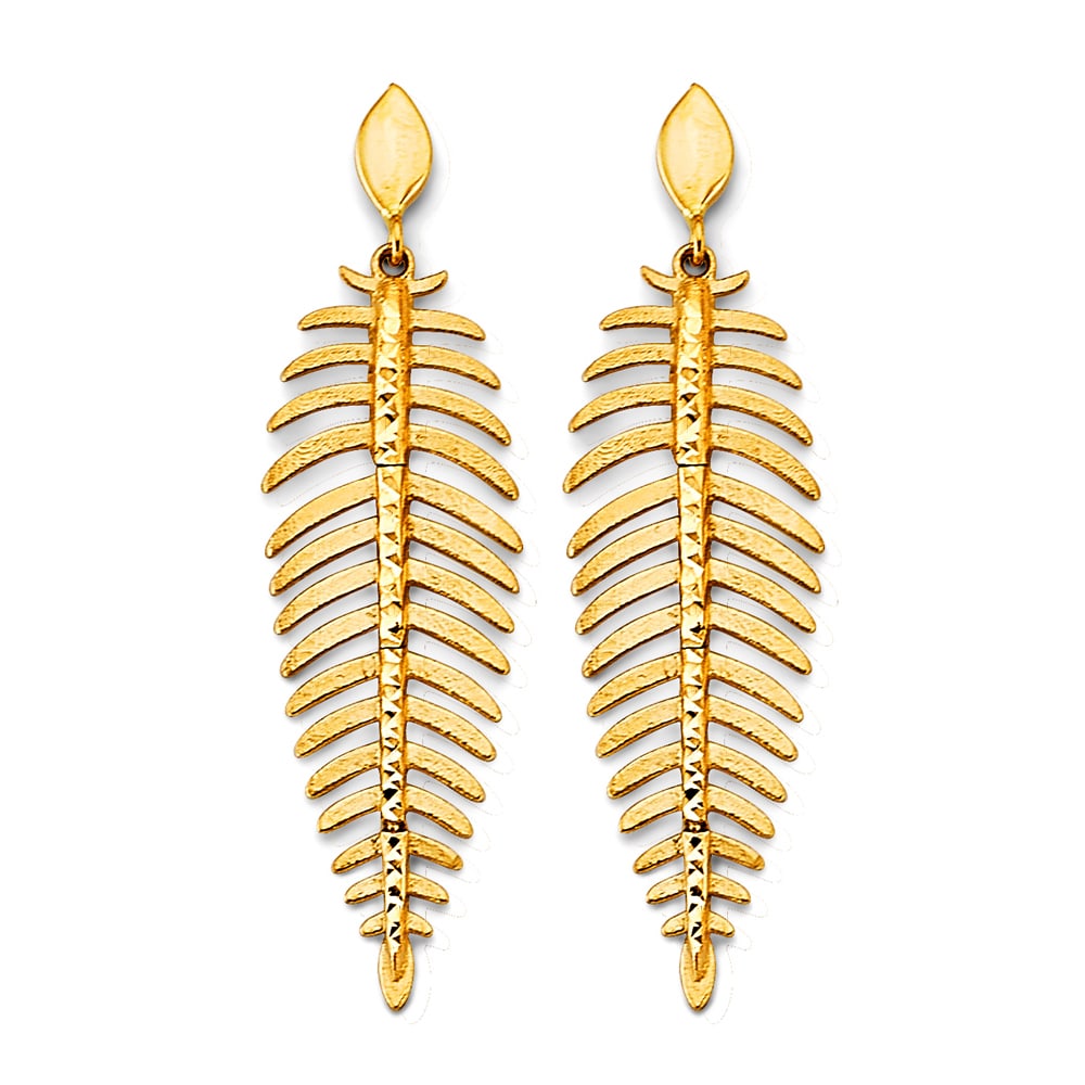 14KY FANCY LEAF DROP EARRINGS: 14KY Fancy Leaf Drop Earrings Material Type : 14k Gold Material Color : Yellow Avg. Weight: 3.84 Gr. Size: Height : 50 mm, Width : 15 mm Accessories: None Notice: When purchasing pre-owned goods,