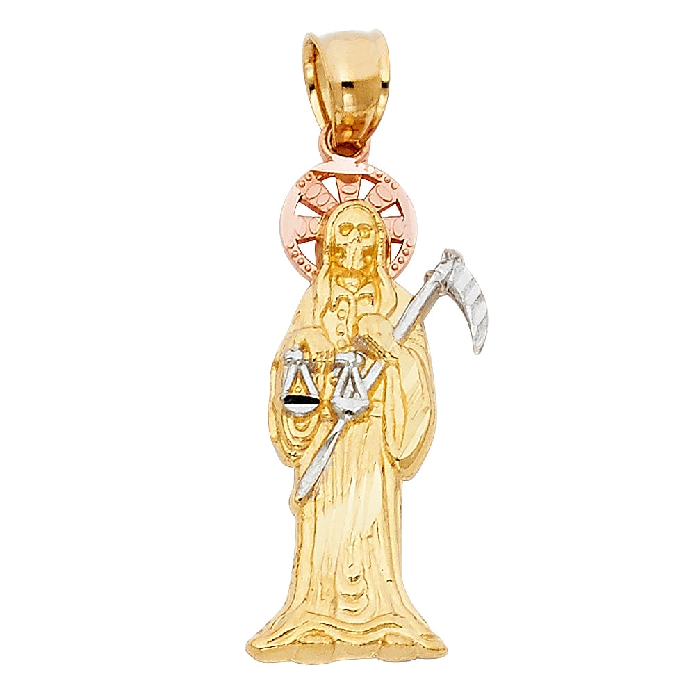 14K SANTA MUERTE PENDANT: 14K Santa Muerte Pendant Material Type : 14k Gold Material Color : Tri Color Avg. Weight: 1.59 Gr. Size: Height 35 mm, Width 10 mm Accessories: None Notice: When purchasing pre-owned goods, please