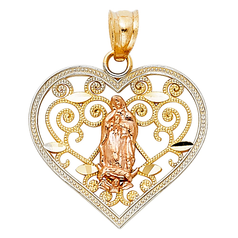14K 3C RELIGIOUS HEART PENDANT: 14K 3C Religious Heart Pendant Material Type : 14k Gold Material Color : Tri Color Avg. Weight: 1.16 Gr. Size: Height 20 mm, Width 20 mm Accessories: None Notice: When purchasing pre-owned goods,