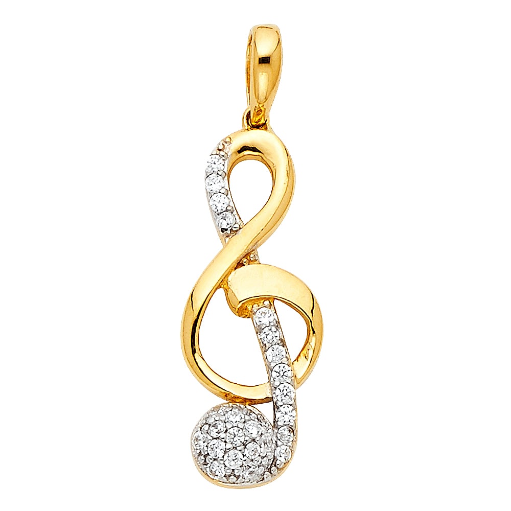 14K CZ THE TREBLE CLEF PENDANT: 14K CZ The Treble Clef Pendant Material Type : 14k Gold Material Color : Two Tone Avg. Weight: 1.5 Gr. Size: Height 21 mm, Width 9 mm Accessories: None Notice: When purchasing pre-owned goods, please
