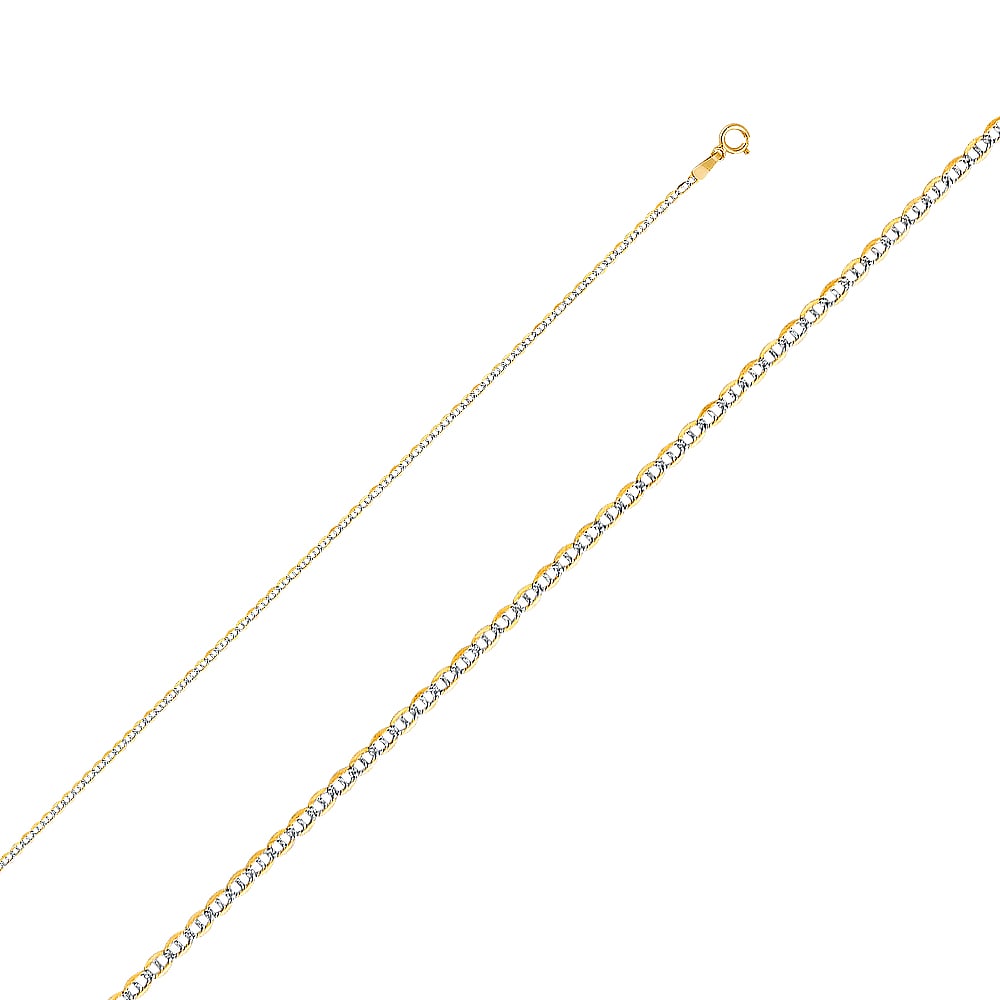 14KY FLAT MARINER CHAIN: 14KY Flat Mariner Chain Material Type : 14k Gold Material Color : Two Tone Avg. Weight: 0.94 Gr. Size: Length : 16 inch, Width 1.5mm Accessories: None Notice: When purchasing pre-owned goods, please
