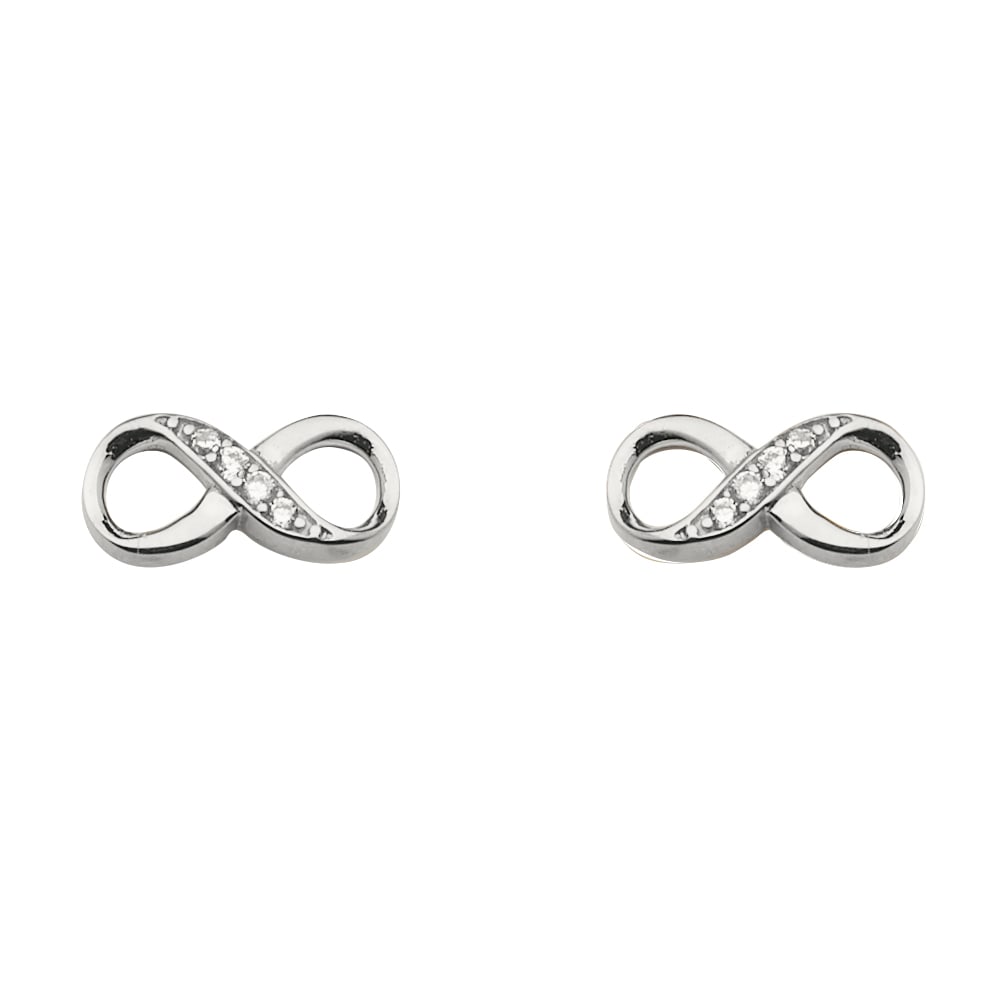 14KW CZ INFINITY EARRINGS WITH PUSH BACK: 14KW CZ Infinity Earrings with Push Back Material Type : 14k Gold Material Color : Yellow Avg. Weight: 0.9 Gr. Size: Height : 5 mm, Width : 10 mm Accessories: None Notice: When purchasing pre-owned