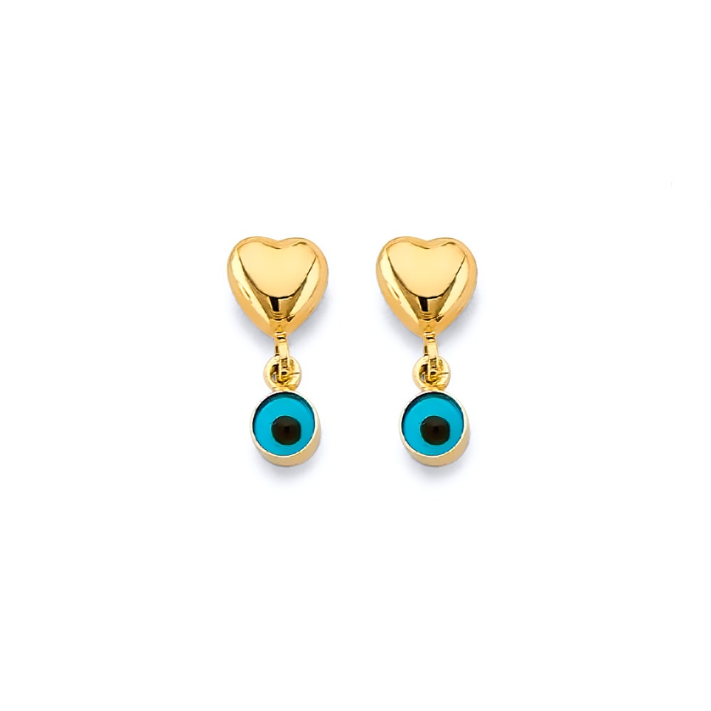 14KY HEART EVIL EYE PUSH BACK EARRINGS: 14KY Heart Evil Eye Push Back Earrings Material Type : 14k Gold Material Color : Yellow Avg. Weight: 1.13 Gr. Size: Height : 12 mm, Width : 5 mm Accessories: None Notice: When purchasing pre-owned