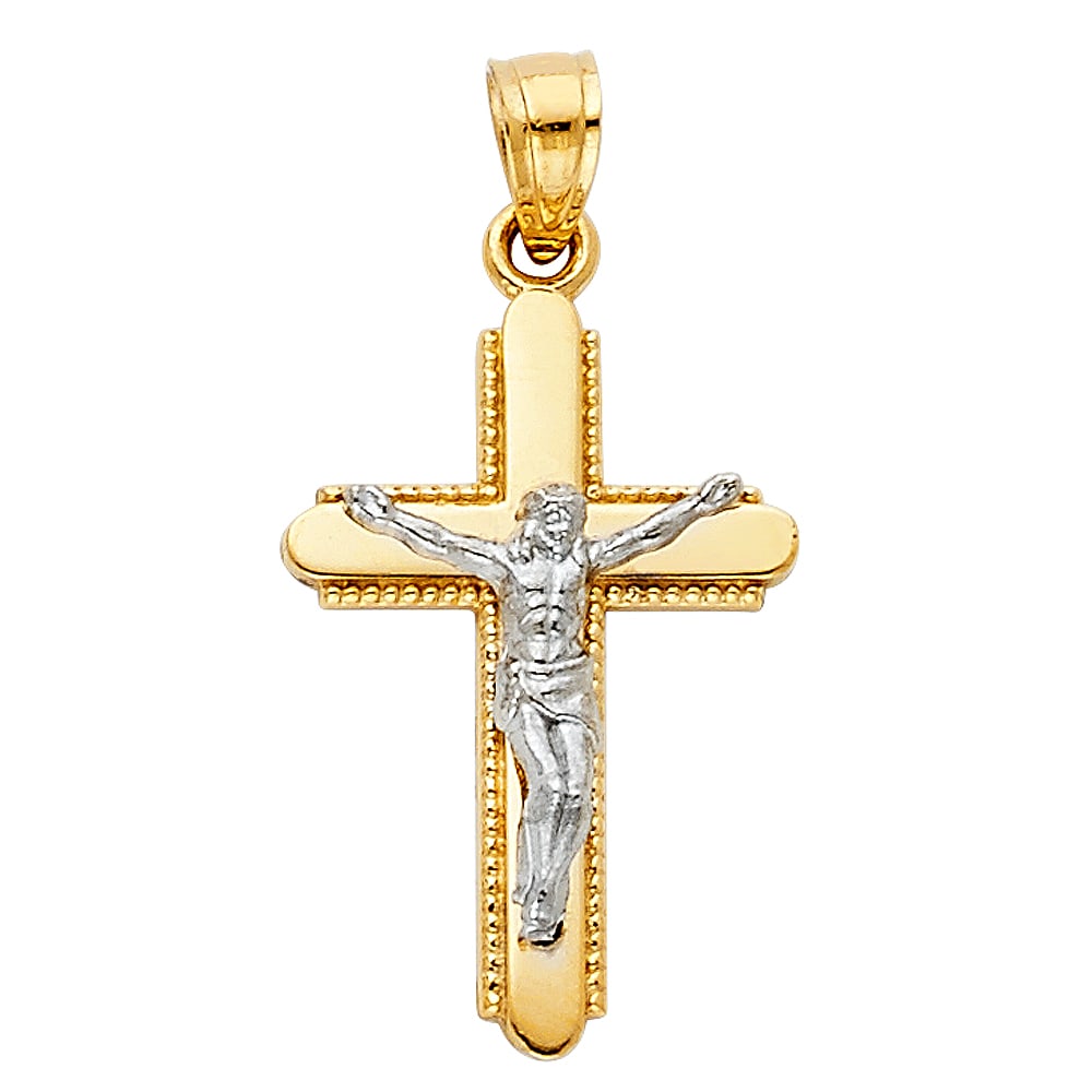 14K 2T CRUCUFIX PENDANT: 14K 2T Crucufix Pendant Material Type : 14k Gold Material Color : Two Tone Avg. Weight: 1.46 Gr. Size: Height 30 mm, Width 15 mm Accessories: None Notice: When purchasing pre-owned goods, please re