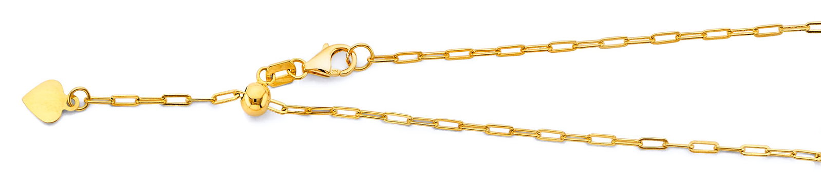 14KY ADJUSTABLE PAPER CLIP CHAIN: 14KY Adjustable Paper Clip Chain Material Type : 14k Gold Material Color : Yellow Avg. Weight: 2.7 Gr. Size: Length : 22 inch, Width 1.5mm Accessories: None Notice: When purchasing pre-owned goods,