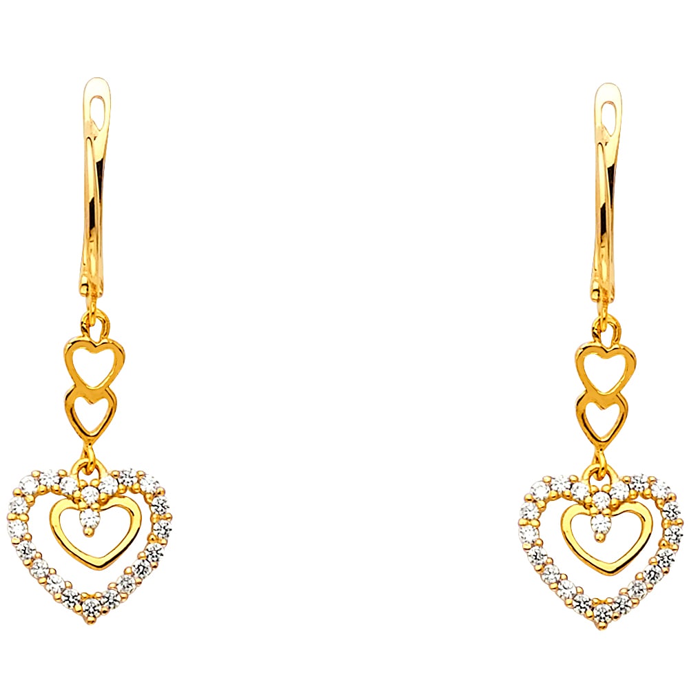 14KY CZ HEART HANGING EARRINGS: 14KY CZ Heart Hanging Earrings Material Type : 14k Gold Material Color : Yellow Avg. Weight: 2.2 Gr. Size: Height : 20 mm, Width : 10 mm Accessories: None Notice: When purchasing pre-owned goods, p