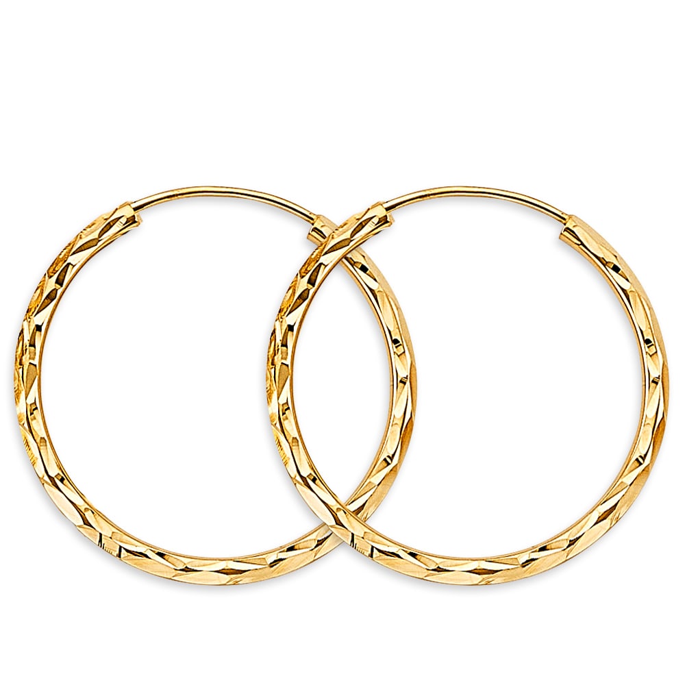 14KY SHINY DC ENDLESS HOOP EARRINGS: 14KY Shiny DC Endless Hoop Earrings Material Type : 14k Gold Material Color : Yellow Avg. Weight: 1.27 Gr. Size: Height : 25 mm, Width : 25 mm Accessories: None Notice: When purchasing pre-owned