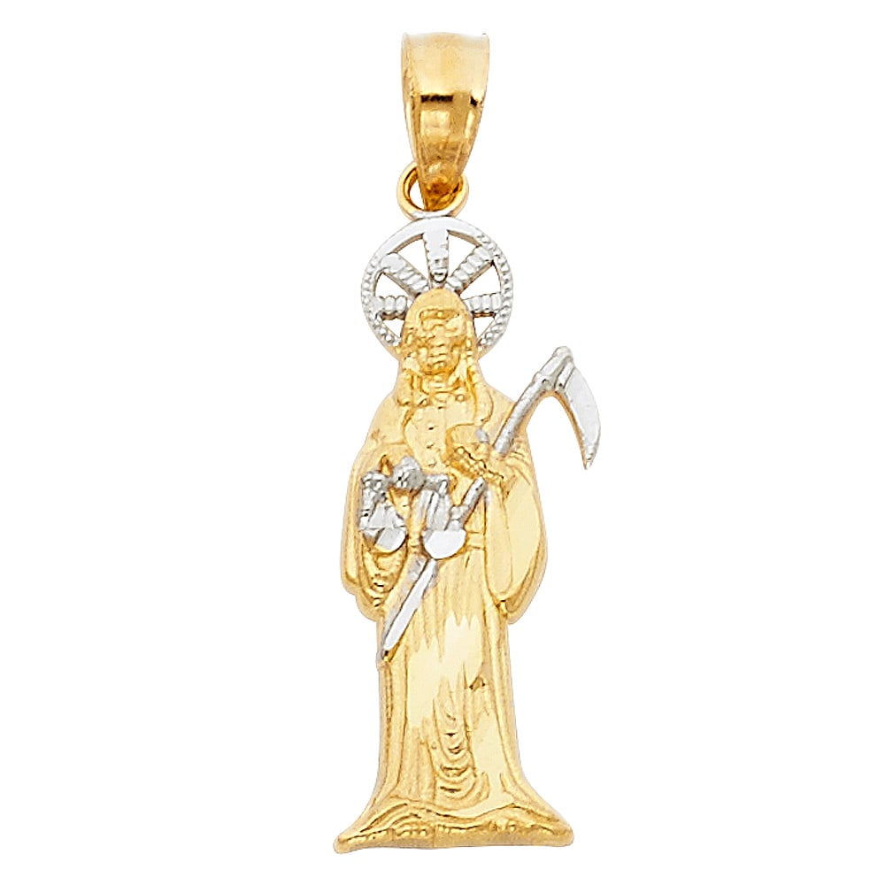 14K 2T SANTA MUERTE PENDANT: 14K 2T Santa Muerte Pendant Material Type : 14k Gold Material Color : Two Tone Avg. Weight: 0.92 Gr. Size: Height 30 mm, Width 8 mm Accessories: None Notice: When purchasing pre-owned goods, please