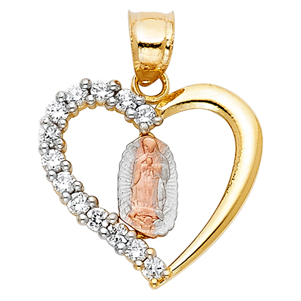 14K 3C CZ RELIGIOUS HEART PENDANT: 14K 3C CZ Religious Heart Pendant Material Type : 14k Gold Material Color : Tri Color Avg. Weight: 1.22 Gr. Size: Height 20 mm, Width 18 mm Accessories: None Notice: When purchasing pre-owned goods