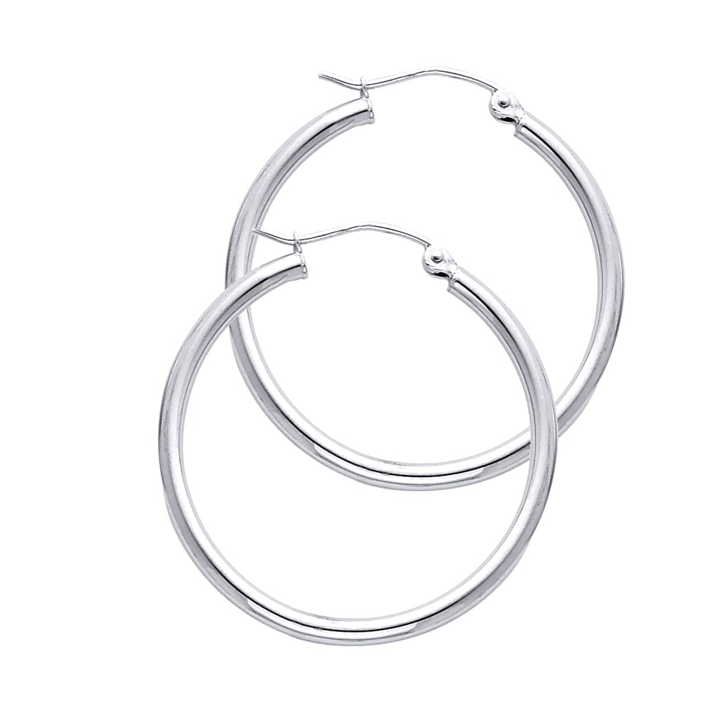 14KW ROUND TUBE POLISHED HOOP EARRINGS: 14KW Round Tube Polished Hoop Earrings Material Type : 14k Gold Material Color : White Avg. Weight: 1.58 Gr. Size: Height : 30 mm, Width : 30 mm Accessories: None Notice: When purchasing pre-owned