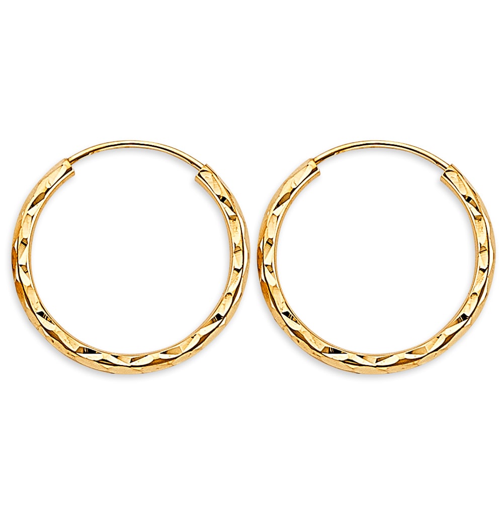 14KY SHINY DC ENDLESS HOOP EARRINGS: 14KY Shiny DC Endless Hoop Earrings Material Type : 14k Gold Material Color : Yellow Avg. Weight: 0.97 Gr. Size: Height : 20 mm, Width : 20 mm Accessories: None Notice: When purchasing pre-owned