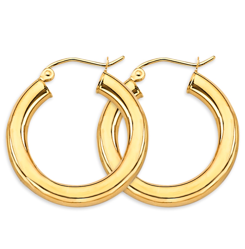 14KY POLISH ROUND TUBE HOOP EARRINGS: 14KY Polish Round Tube Hoop Earrings Material Type : 14k Gold Material Color : Yellow Avg. Weight: 1.82 Gr. Size: Height : 25 mm, Width : 25 mm Accessories: None Notice: When purchasing pre-owned