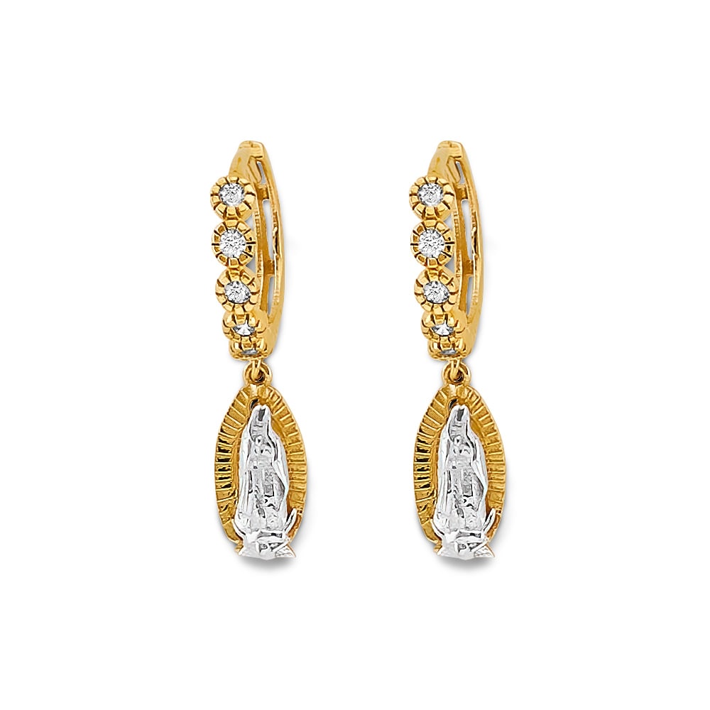 14K 2T CZ GUADALUPE HUGGIES EARRINGS: 14K 2T CZ Guadalupe Huggies Earrings Material Type : 14k Gold Material Color : Two Tone Avg. Weight: 2.16 Gr. Size: Height : 25 mm, Width : 5 mm Accessories: None Notice: When purchasing pre-owned