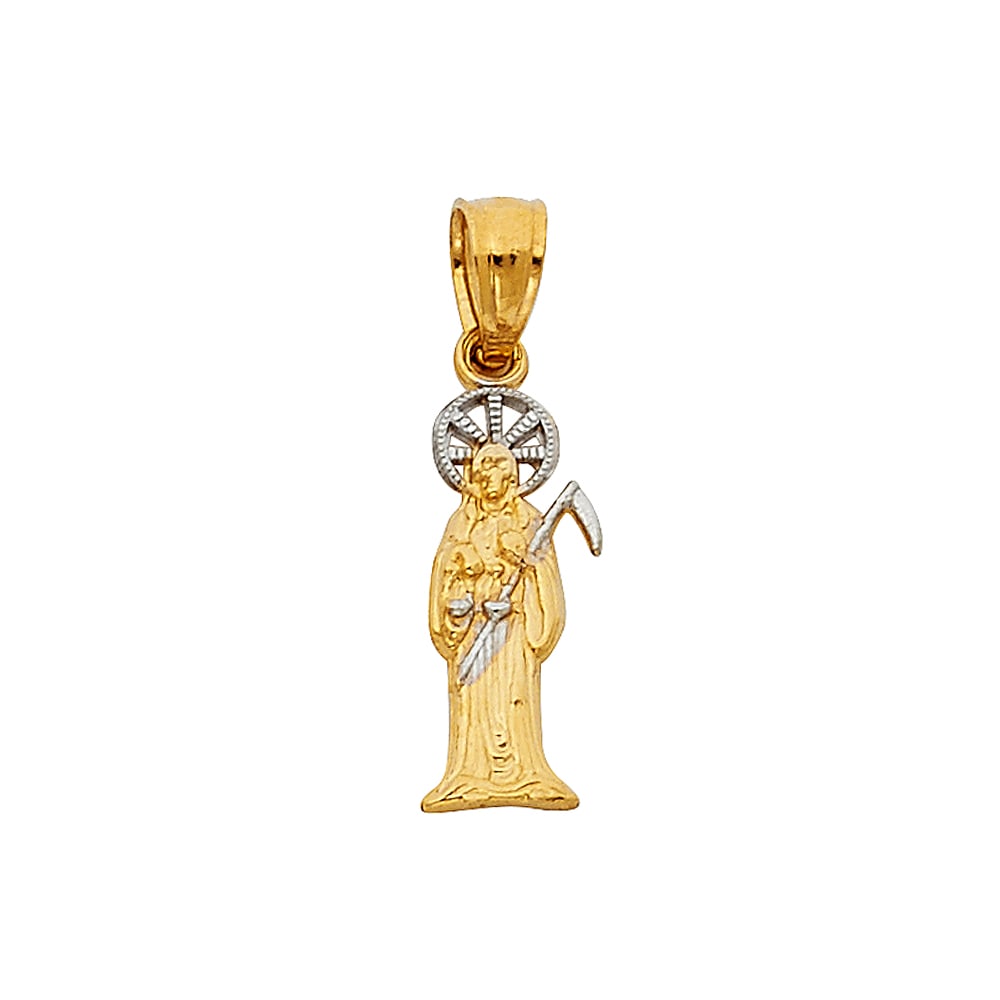 14K 2T SANTA MUERTE SMALL PENDANT: 14K 2T Santa Muerte Small Pendant Material Type : 14k Gold Material Color : Two Tone Avg. Weight: 0.48 Gr. Size: Height 15 mm, Width 5 mm Accessories: None Notice: When purchasing pre-owned goods,