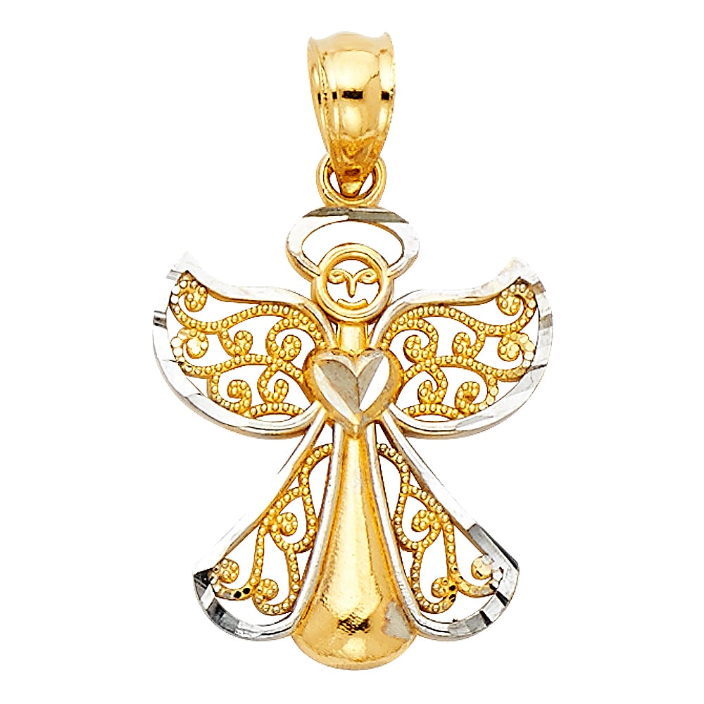 14K ANGEL PENDANT: 14K Angel Pendant Material Type : 14k Gold Material Color : Two Tone Avg. Weight: 0.94 Gr. Size: Height 17 mm, Width 14 mm Accessories: None Notice: When purchasing pre-owned goods, please refer to