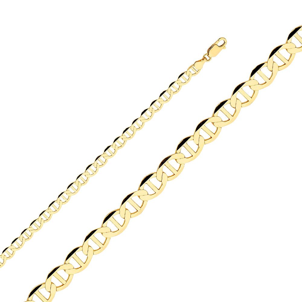 14KY FLAT MARINER CHAIN: 14KY Flat Mariner Chain Material Type : 14k Gold Material Color : Yellow Avg. Weight: 4.75 Gr. Size: Length : 7.5 inch, Width 5.5mm Accessories: None Notice: When purchasing pre-owned goods, please